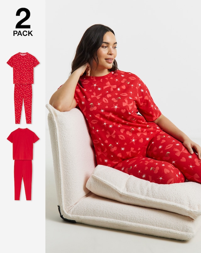 Simply Be (2 Pack) Value Pyjama Sets Heart & Bow Print