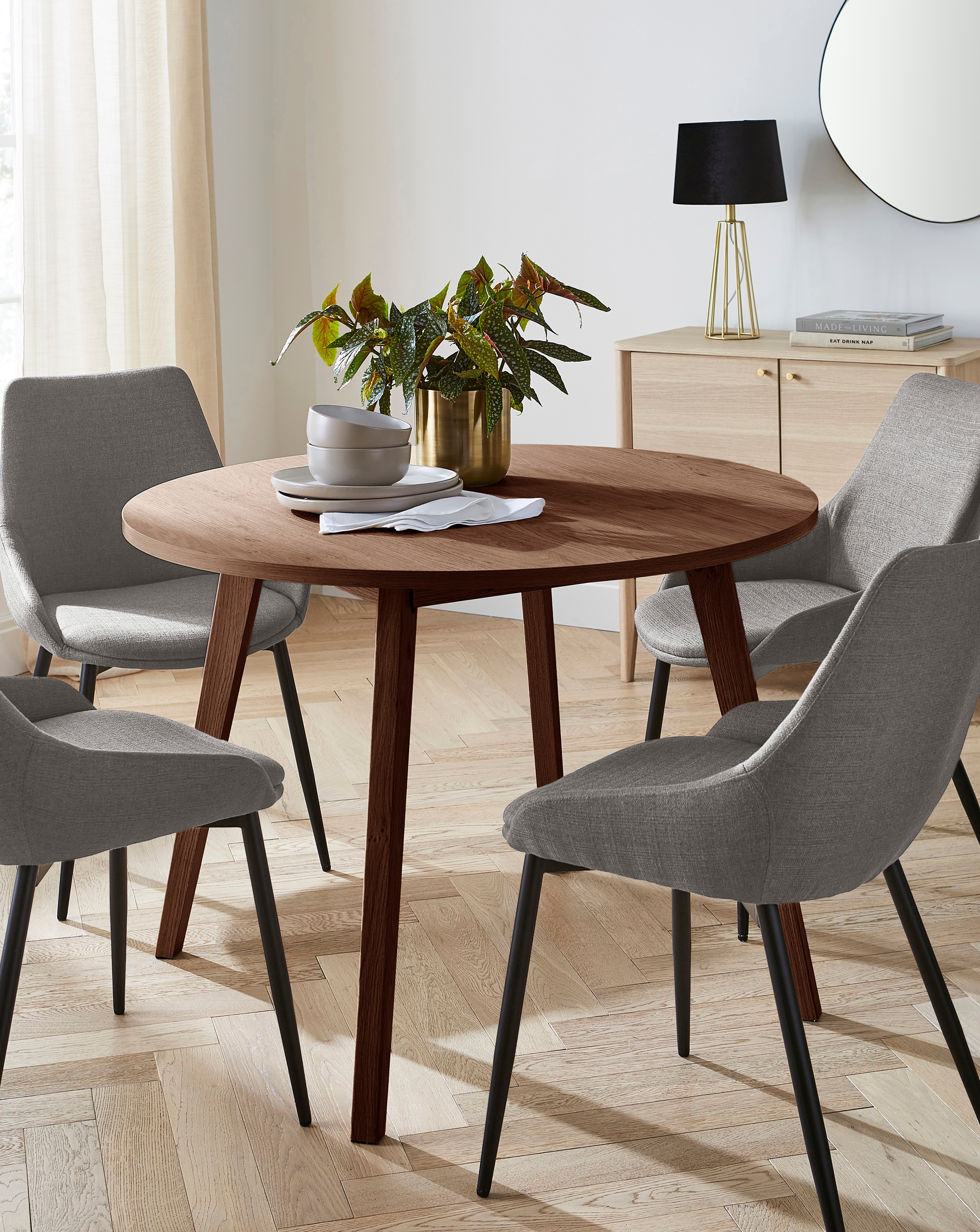 Oslo Table with 4 Etta Fabric Chairs - Walnut/Grey