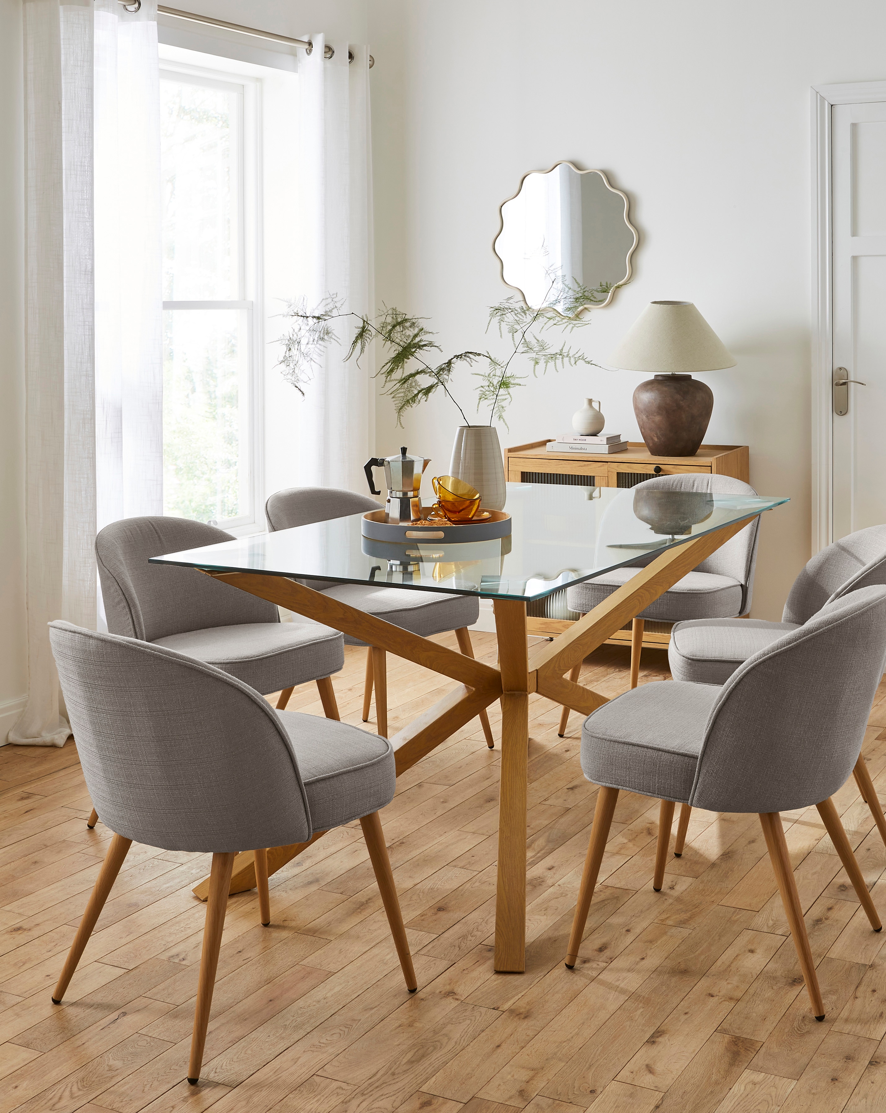 Bodie Oak Table & 6 Emilie Fabric Chairs