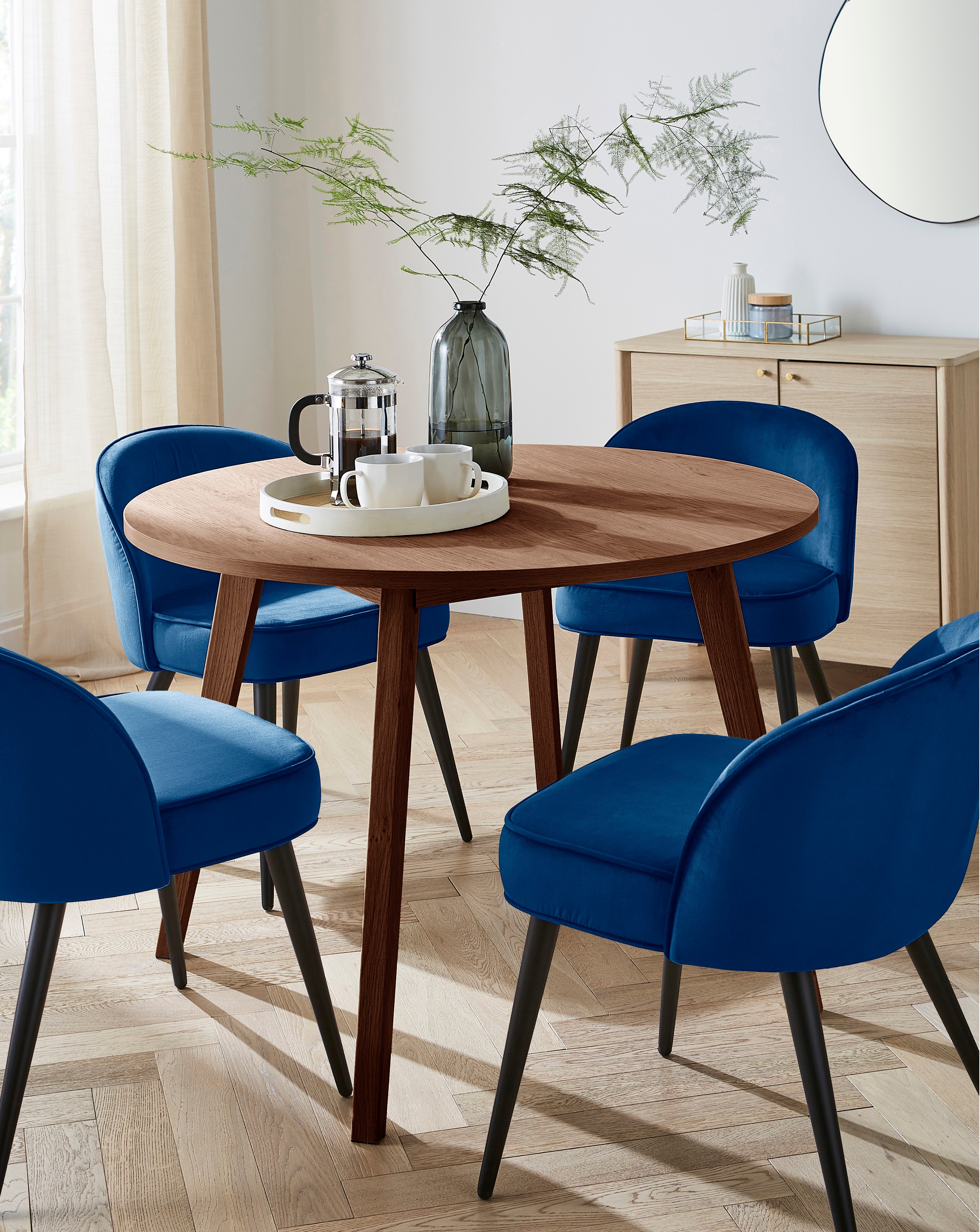 Oslo Table with 4 Emilie Velvet Chairs - Walnut/Navy