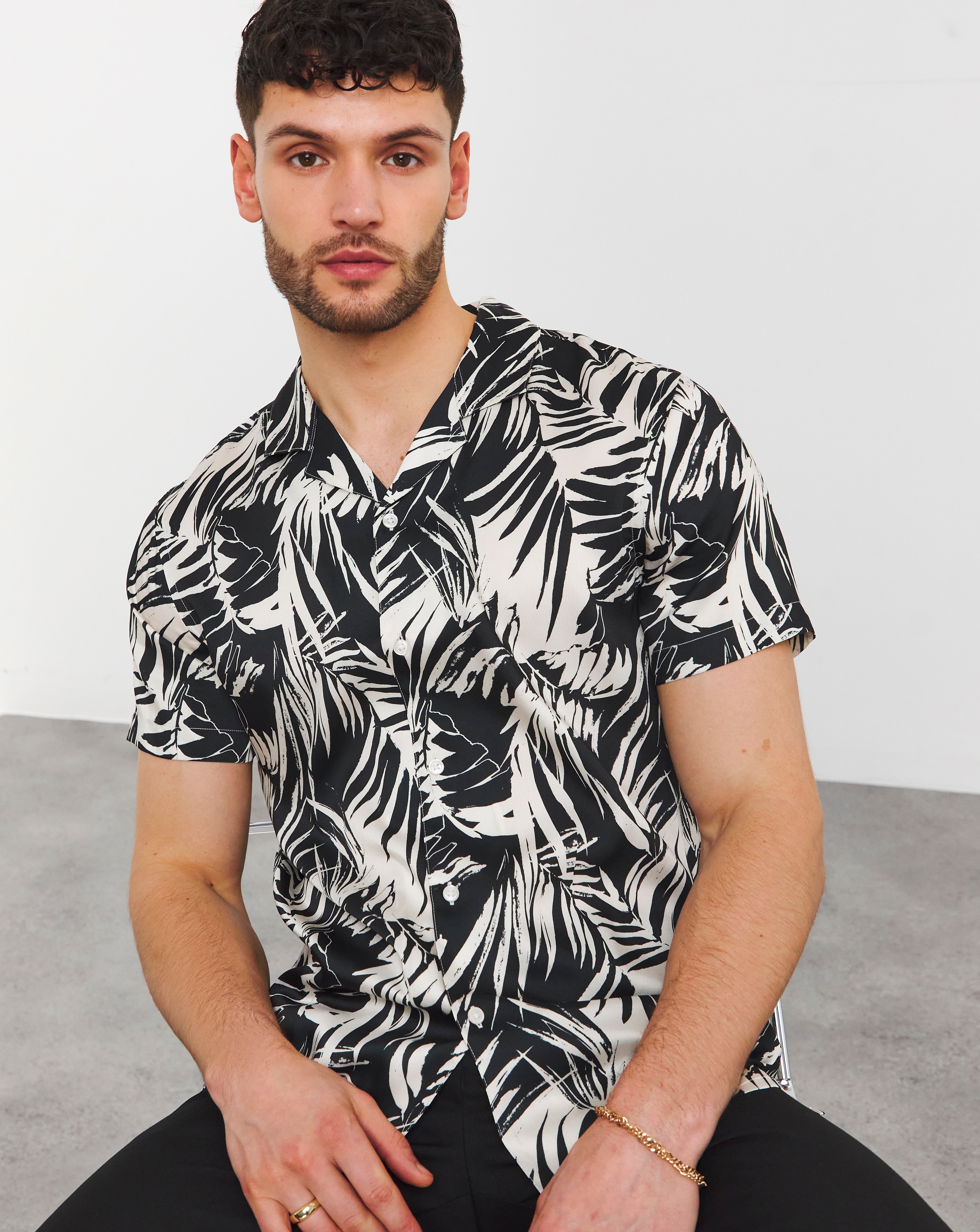 Mono Palm Print Cuban Collar Shirt