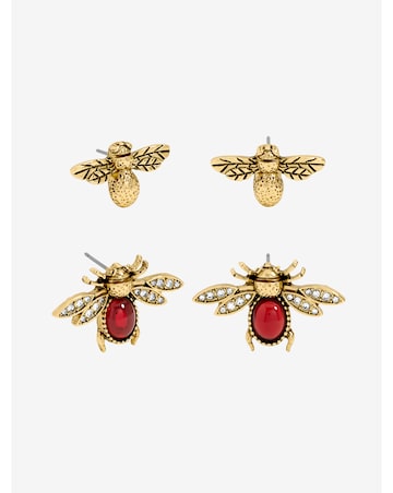 Mood Antique Gold Polished & Red Insect Stud Earrings - Pack of 2