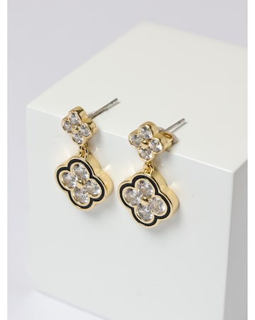 Jon Richard 14K Gold Plated Jet and Crystal Clover Earrings - Gift Box
