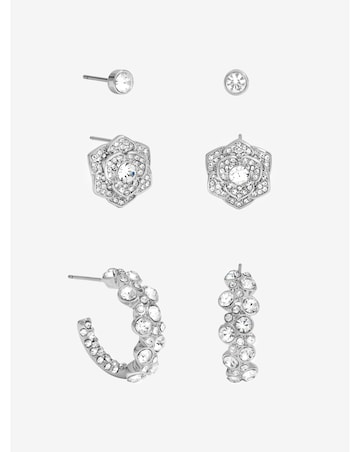 Mood Silver Floral Crystal Stud & Hoop Earrings - Pack of 3