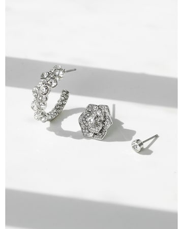 Mood Silver Floral Crystal Stud & Hoop Earrings - Pack of 3