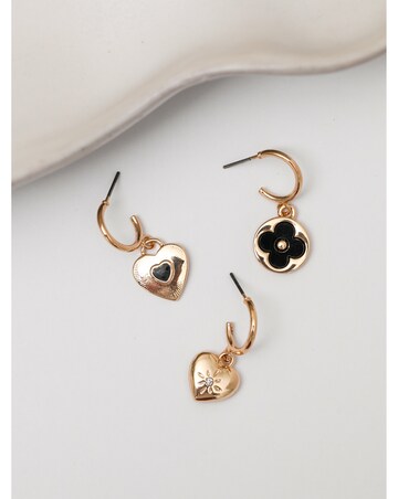 Mood Gold Jet Heart & Clover Huggie Charm Earrings - Pack of 3