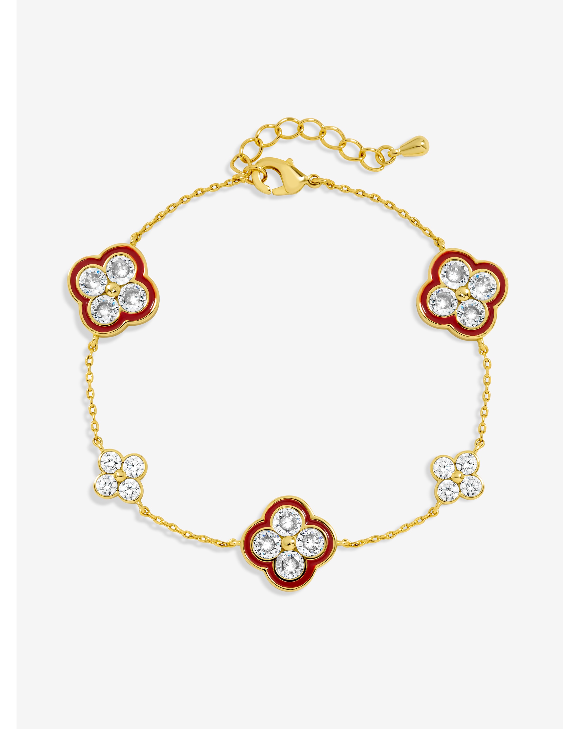 14K Gold Plated Pave Red Clover Bracelet