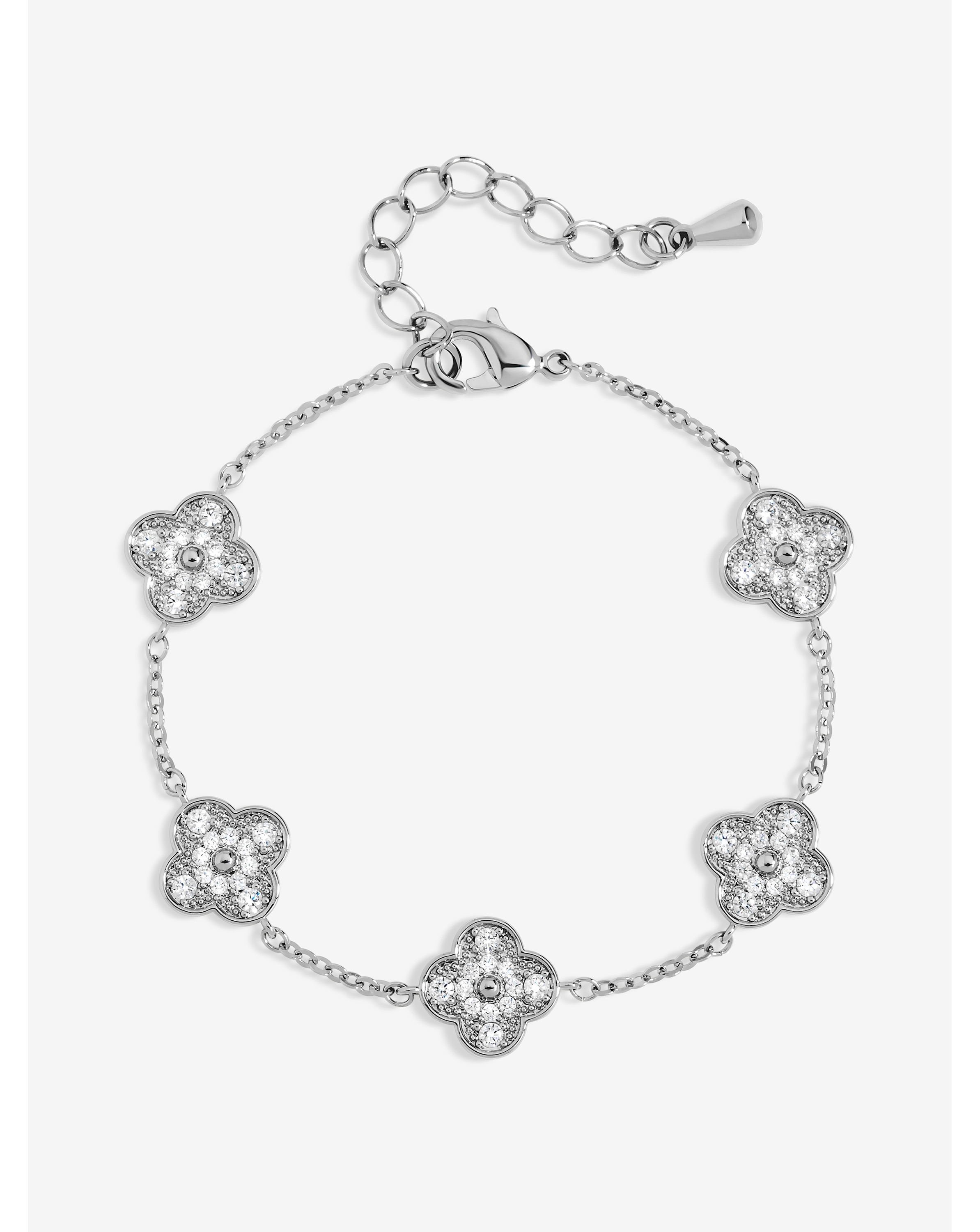 Rhodium Plated and Pave Clover Bracelet