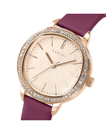 Radley Rose Gold Plated 36mm Stone Set Berry Leather Strap
