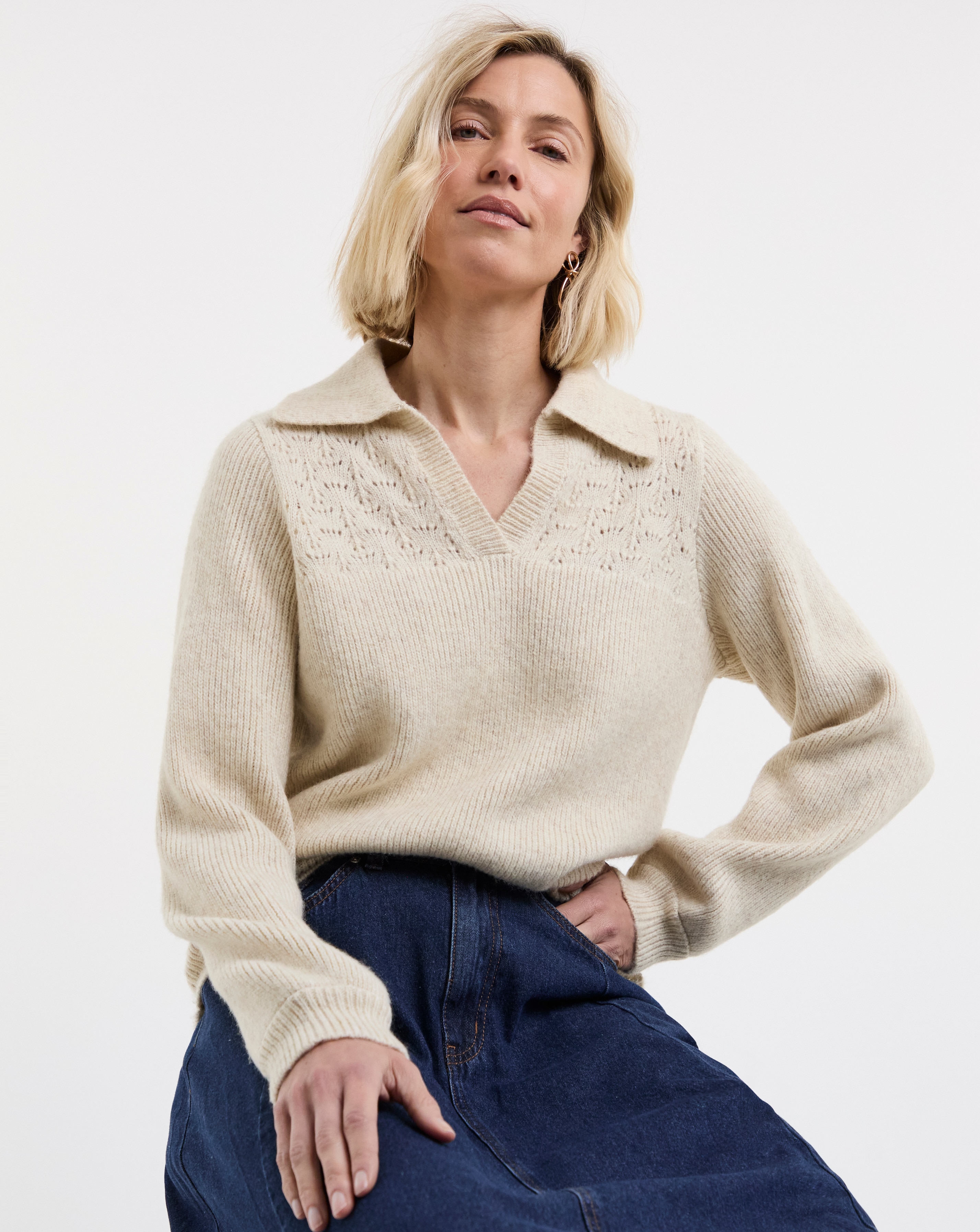 New In - Pointelle Henley Knit Jumper