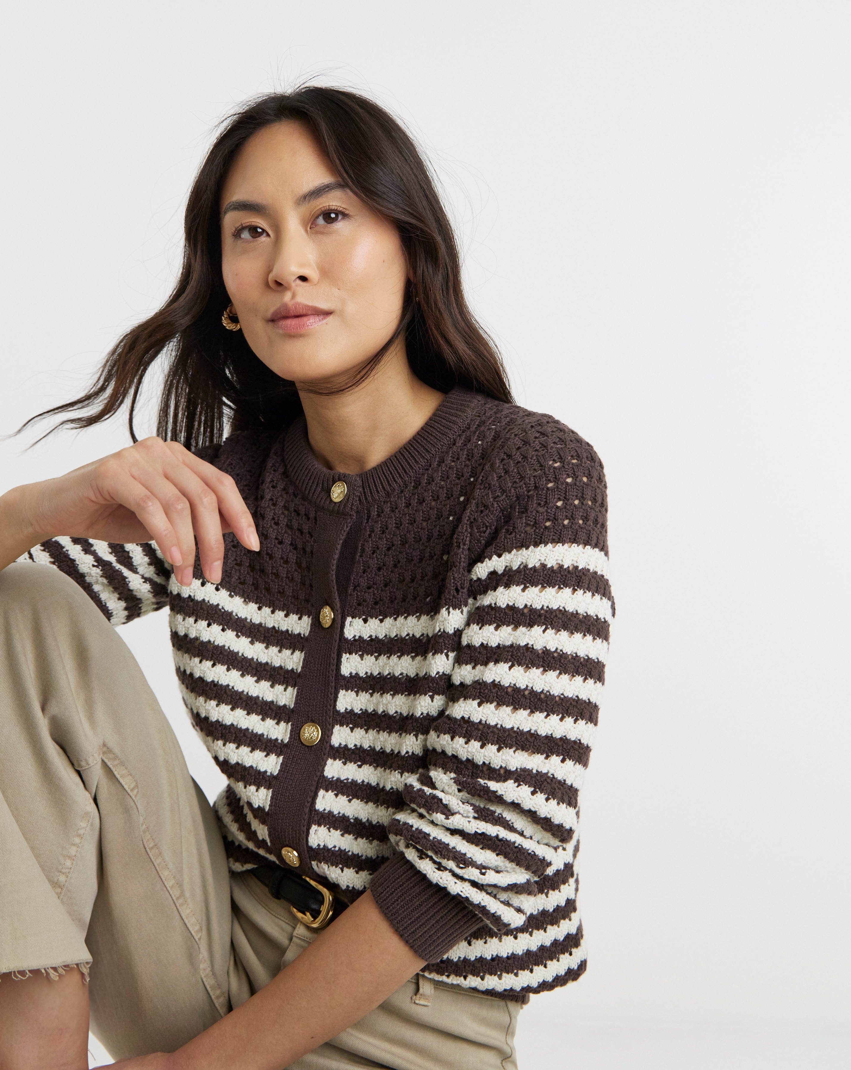 New In - Pure Cotton Striped Open Stitch Cardigan