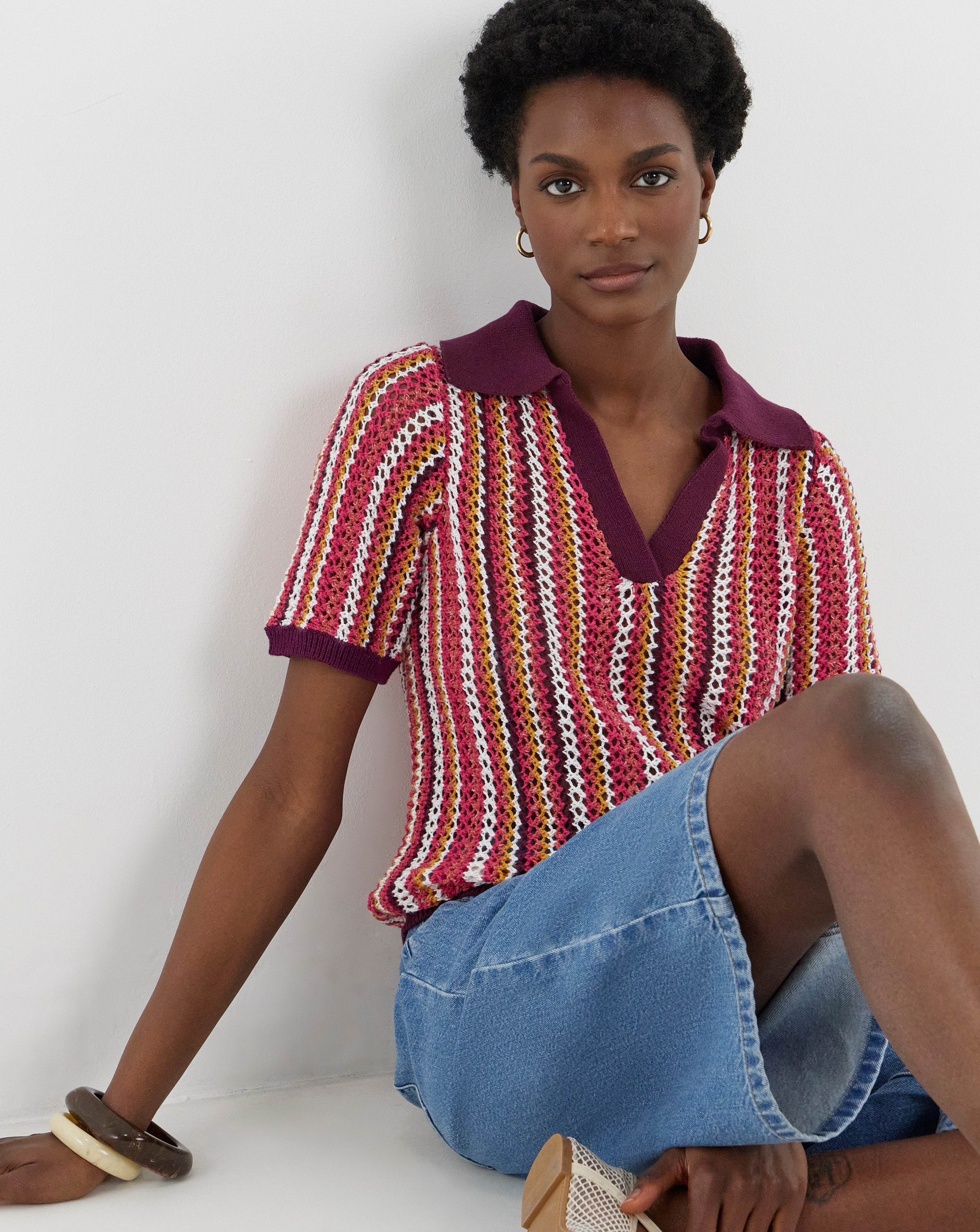 New In - Crochet Stripe Knitted Short Sleeve Polo