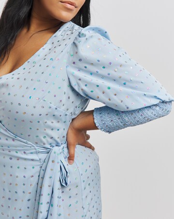 Blue Rainbow Foil Wrap Midi Dress With Shirred Sleeve