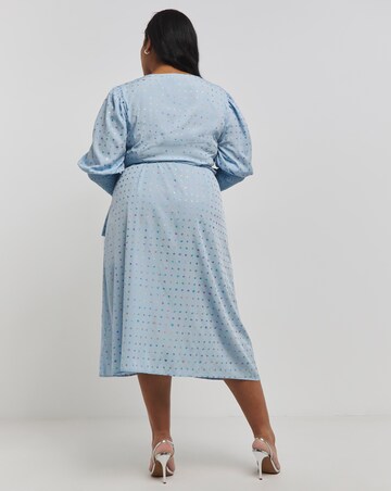 Blue Rainbow Foil Wrap Midi Dress With Shirred Sleeve