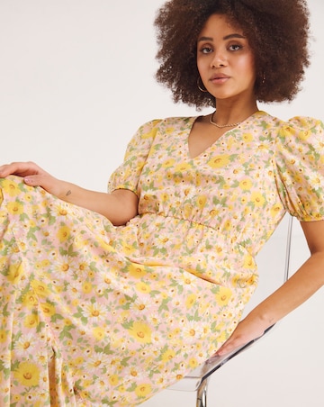 Floral Print Puff Sleeve Frill Hem Maxi Dress