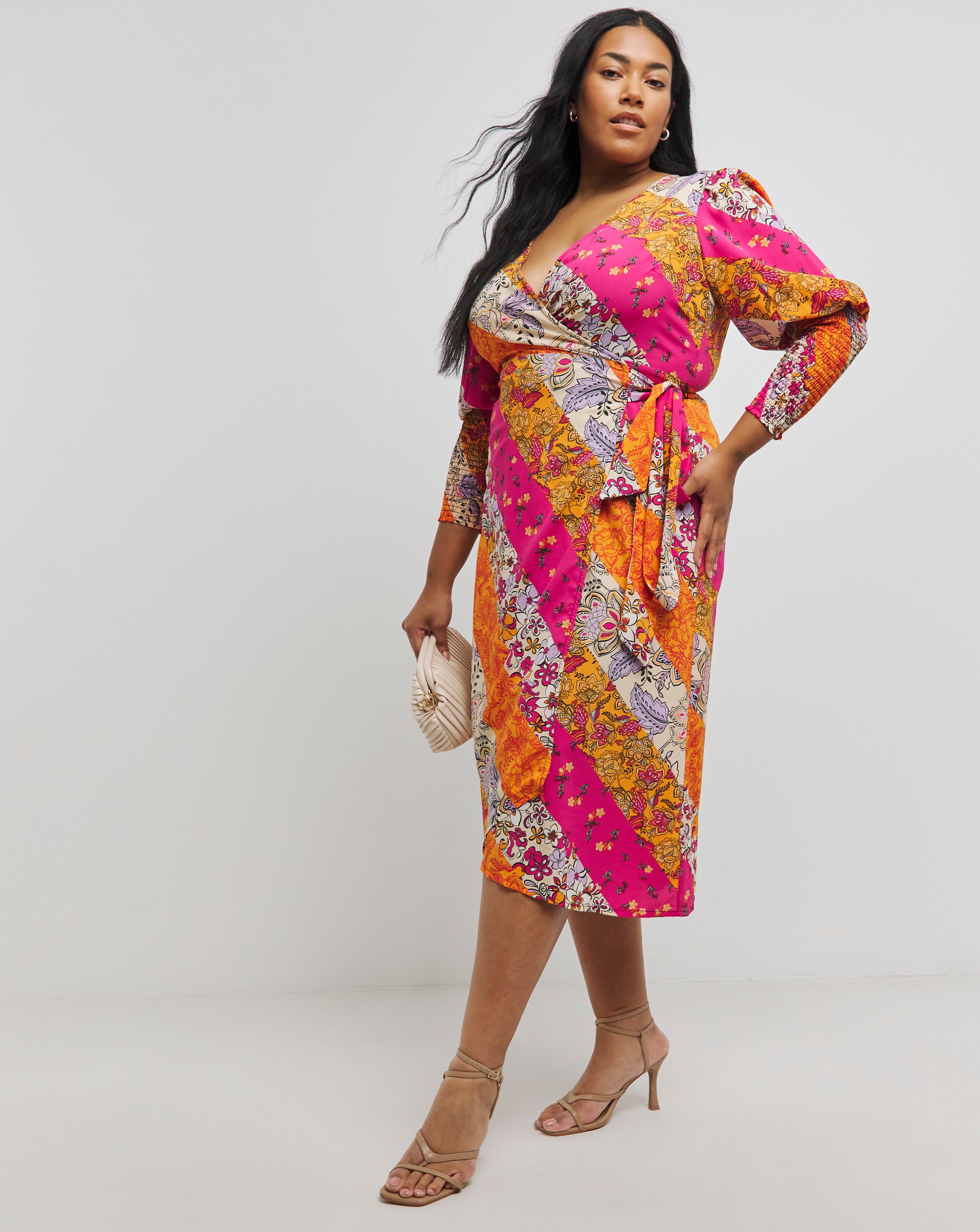 Multi Print Shirred Wrap Midi Dress