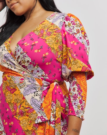 Multi Print Wrap Midi Dress With Shirred Sleeve