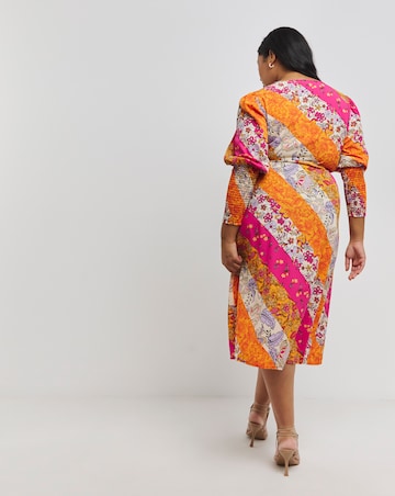 Multi Print Wrap Midi Dress With Shirred Sleeve