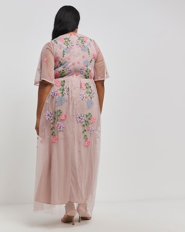 Boutique Pink Floral Embroided Angel Sleeve Maxi Dress