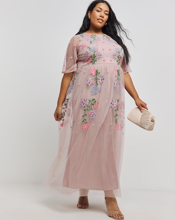 Boutique Pink Floral Embroided Angel Sleeve Maxi Dress