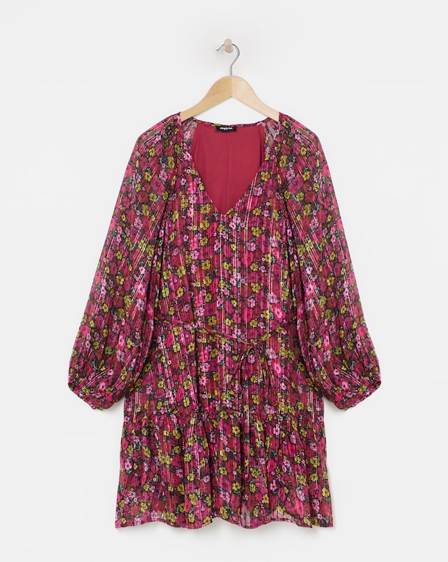 Floral Print Metallic Thread Detail Swing Dress