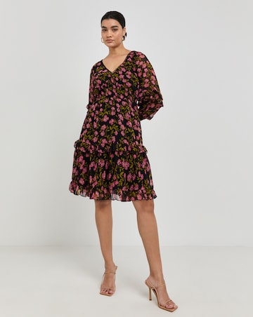 Black Floral Shirred Cuff Sleeve Skater Dress