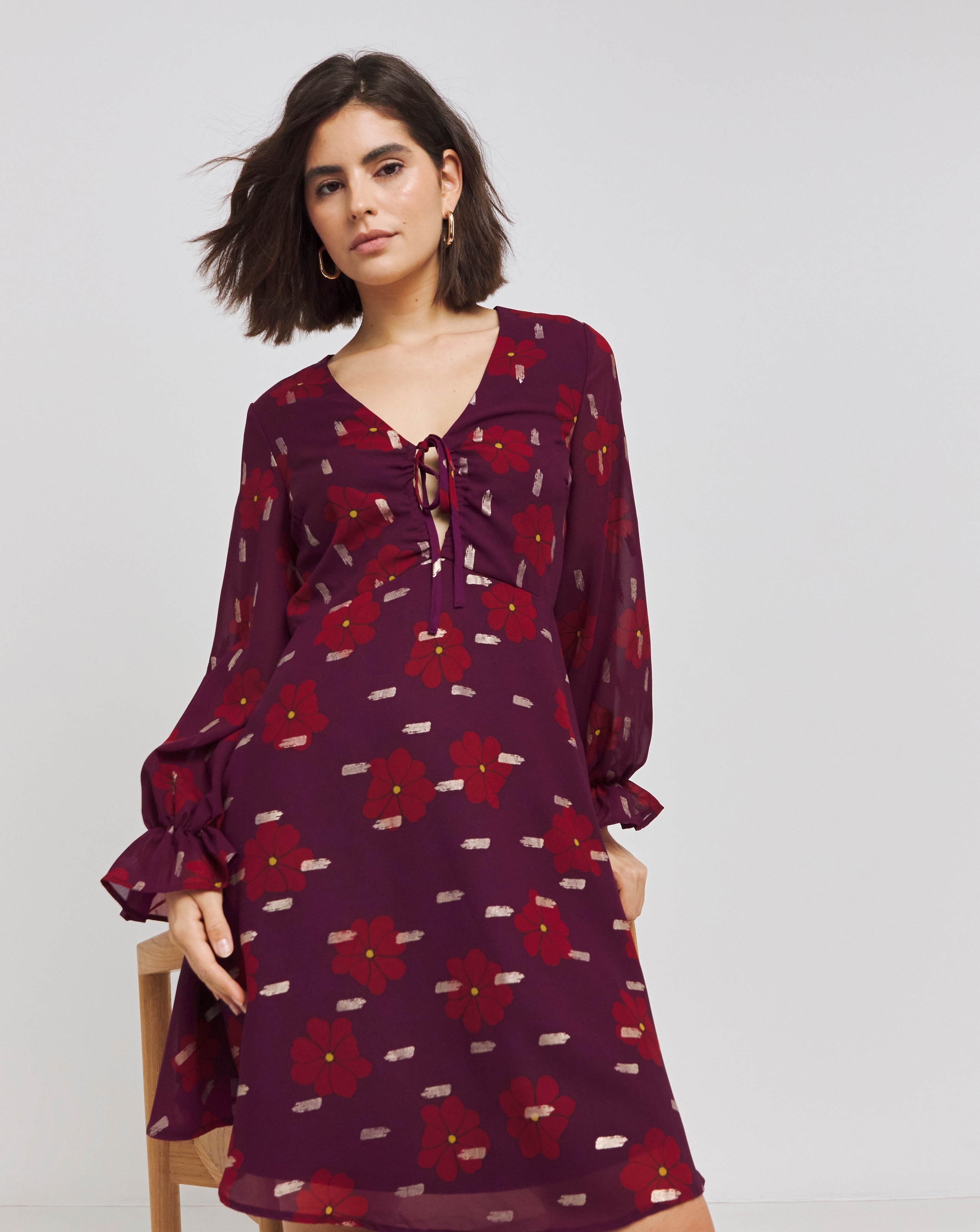 Tie Front Skater Dress With Gold Foil