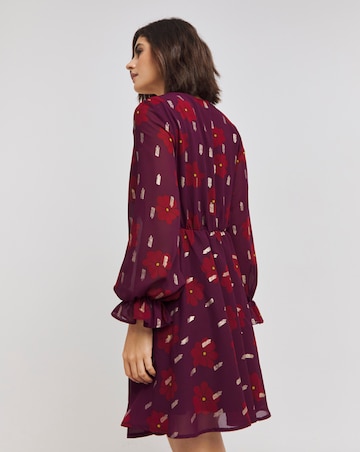 Plum Floral Tie Front Skater Dress With Gold Foil