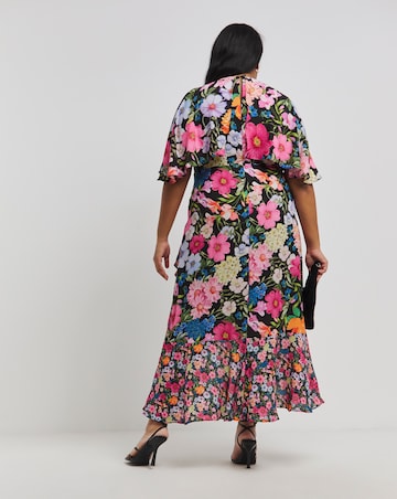 Black Mixed Floral Print Wrap Midi Dress