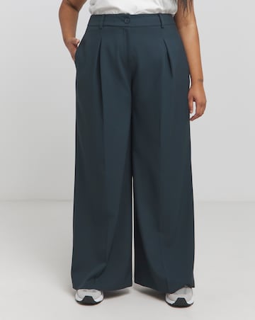 Navy Pleated Wide Leg Trousers