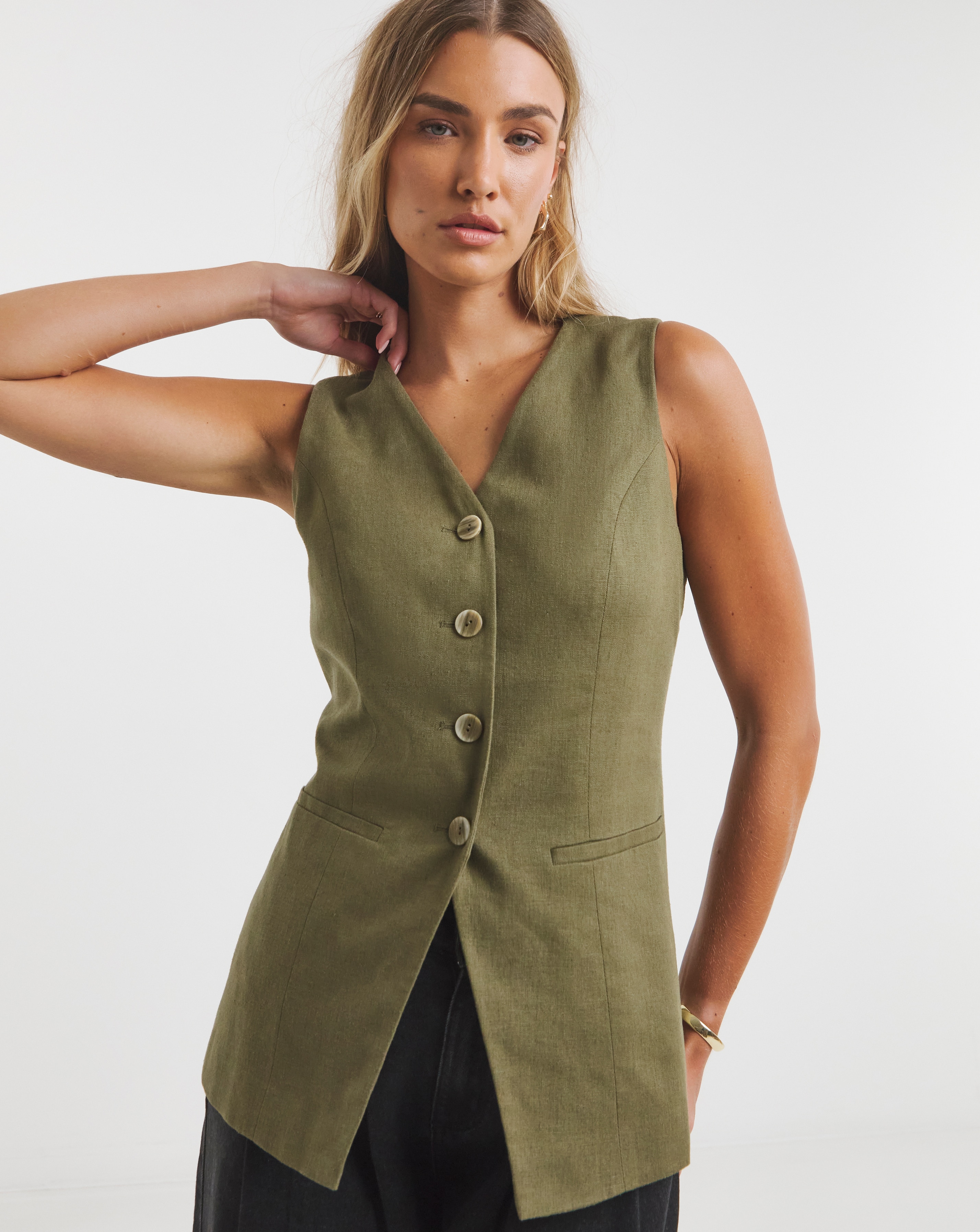 Simply Be Khaki Linen Blend Waistcoat