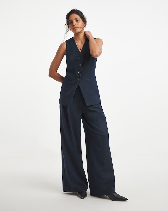 Chambray Look Tie Waist Wide Trouser