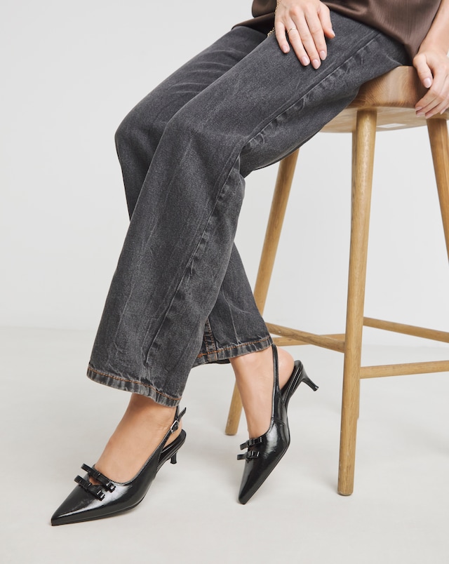 Heavenly Soles Elm Kitten Heel Slingback Shoes With Bow - Wide Fit (E)