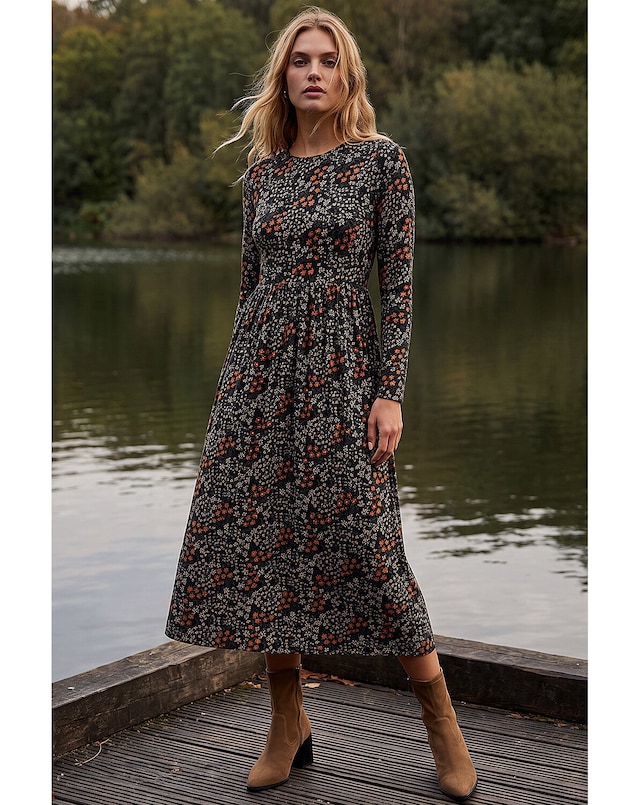 Roman Ditsy Floral Gathered Midi Dress