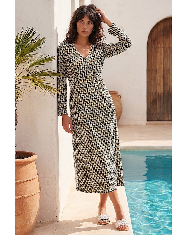 Roman Geometric V-Neck Midi Dress