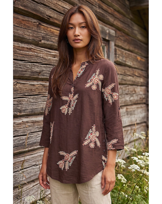 Roman Embroidered Floral V-Neck Top
