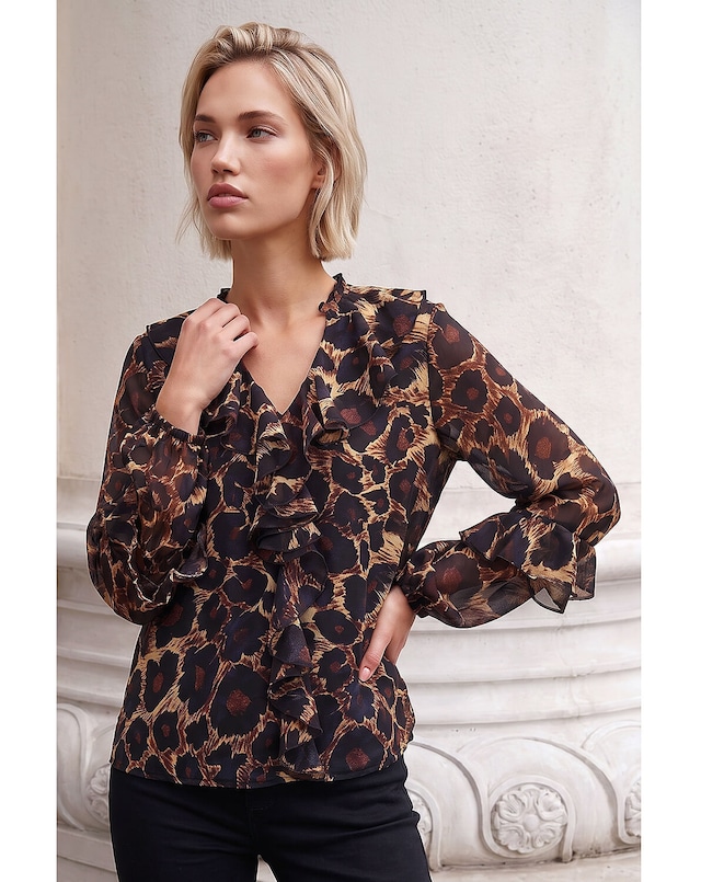 Roman Animal Print Ruffle Top