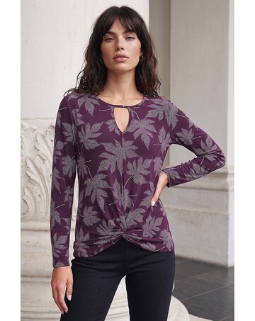 Roman Leaf Print Twist Front Keyhole Top