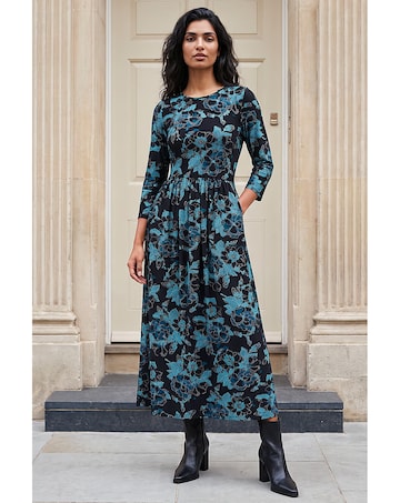 Roman Floral Gathered Stretch Midi Dress