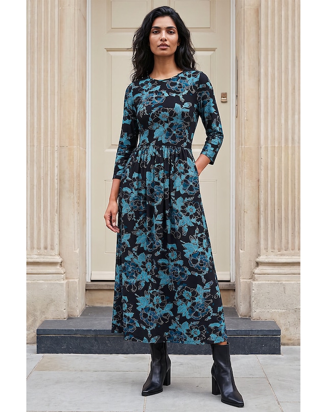 Roman Floral Gathered Stretch Midi Dress