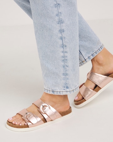 Simply Be Alisha Leather Double Buckle Footbed Sandals - Wide Fit (E)