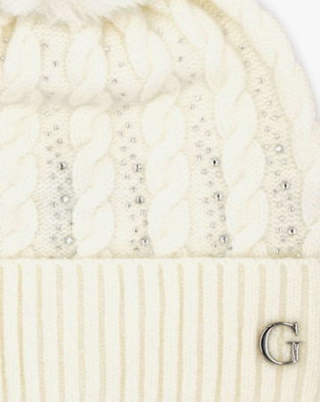Guess Cream Knitted G Logo Diamante Pom Pom Beanie Hat