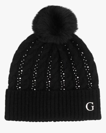 Guess Black Knitted G Logo Diamante Pom Pom Beanie Hat