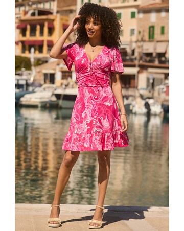 Sosandar Ruched Waist Frill Sleeve Dress