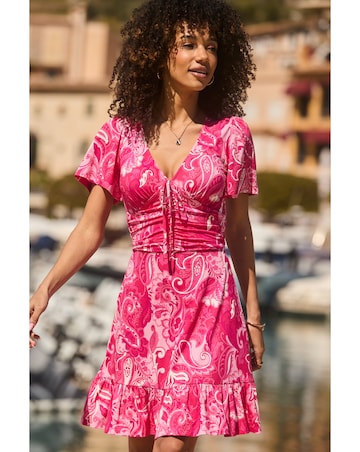 Sosandar Ruched Waist Frill Sleeve Dress