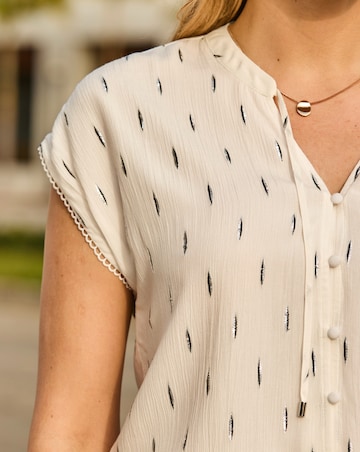 Sosander Crinkle Button Detail Tie Neck Foil Printed Top
