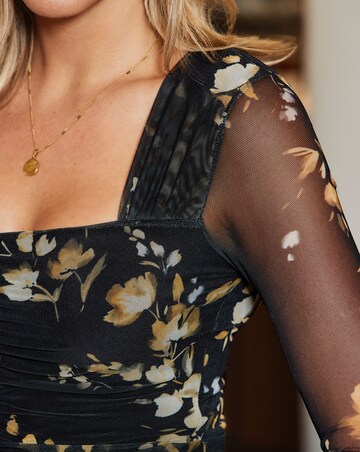 Sosandar Black Floral Print Square Neck Ruched Detail Top