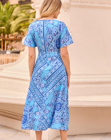 Sosandar Blue Scarf Print Satin Midi Dress