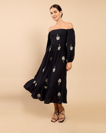 Little Mistress Black Embroidered Bardot Midaxi Dress