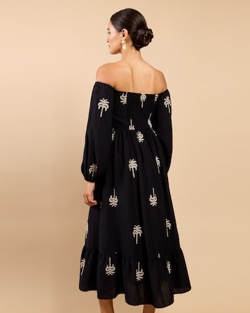 Little Mistress Black Embroidered Bardot Midaxi Dress